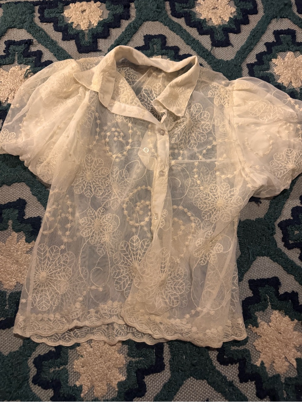 ' Sheer Lace Button-Front Top - Cream